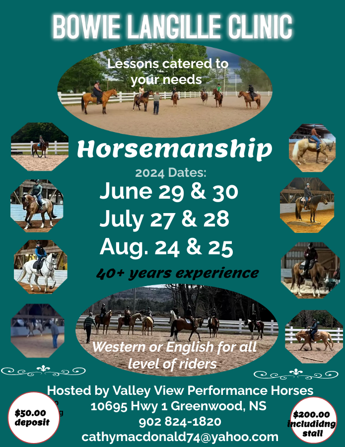 poster of clinic dates in June, July and August for clinics with Bowie Langille at Valley View Performance